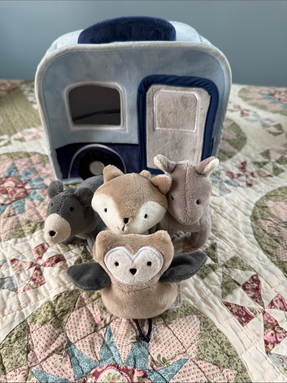 Lambs & Ivy Interactive Plush Woodland Animal Play Set with Blue Plush Camper